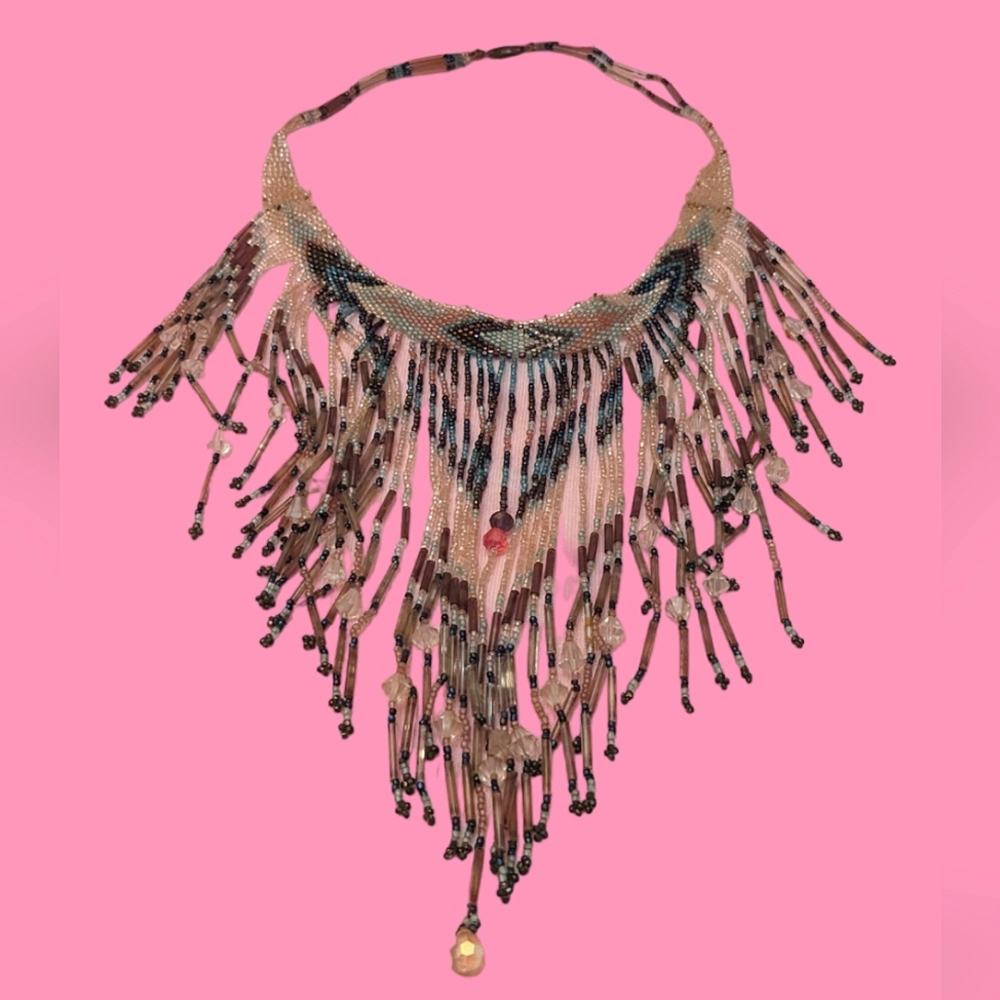 Vintage Bohohippie handcrafted beaded fringe necklace - Picture 6 of 14